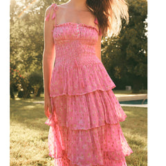 Pink Flower Print Spaghetti Strap Smocked Maxi Dress