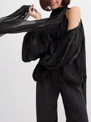Stand Collar  Off The Shoulder Cut Ribion Blouse