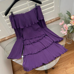 Purple Long Sleeve Off Shoulder Pleated Frill Mini Dress