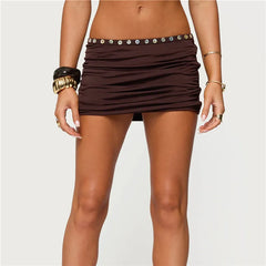 Pleated Decorative Buttons Low Rise Short Skirt