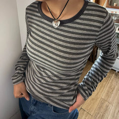 Striped Contrast Round Neck Long Sleeve T-Shirt