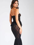 Black Lace Frill Sheer Tube Corset Maxi Dress