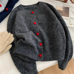 Deep Grey Wool Knitted Heart Buttoned Cardigan