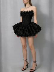 Strapless 3D Flower Flared Mini Dress