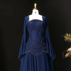 Cape Sleeve Chiffon Tiered Petals Sequined Pearl Embellished Gown