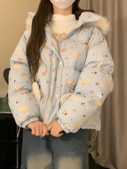 Blue Printed Puff Teddy Hooded Parka Jacket