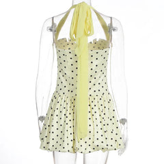 Yellow Polka Dot Halter Tie Neck Bubble Mini Dress
