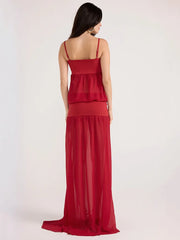 Red Mesh Puff Waist Sleeveless Maxi Dress