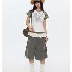 Grey Polka Dot Ruffles Patchwork Capri Pants