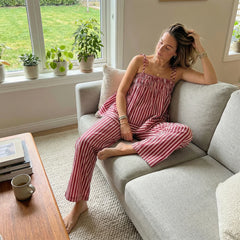 Red Striped Tie Up Strap Babydoll Top and Straight Pants Loungewear Set