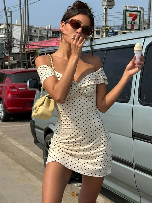 White Polka Dot Off-Shoulder Mini Dress