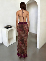 Printed Pearl Chain Bandau Top And High Split Maxi Skirt Beachwear Set