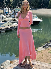 Solid V-Neck Crop Top And Midi Skirt Set