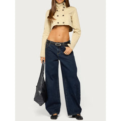 Double-Breasted High-Neck Cropped Trench Coat