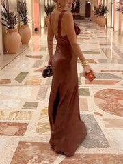 Brown Lace Patchwork Satin Strap Maxi Dress