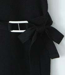 Black Knitted Off-Shoulder Full Sleeve Belt Mini Dress