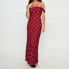 Red Off Shoulder Polka Dot Print Long Dress
