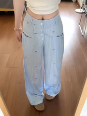 Blue Striped Wide Leg Bow Embroidery Pants