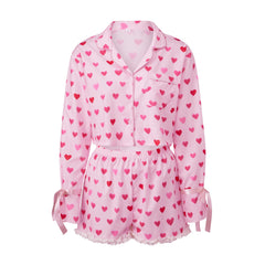 Pink Crop Heart Print Button Down Long Sleeve Top with Shorts Lounge Wear Set