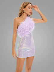 Purple One Shoulder Sequin Feather Mini Dress