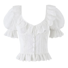 White Puff Sleeve Button-Down Ruffled Corset Blouse