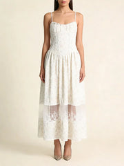 White Floral Milkmaid Cami Lace Mesh Hem Midi Dress