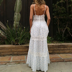 White Printed Lace Patchwork Maxi Dress