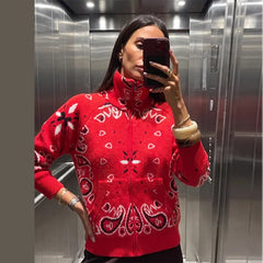 Paisley Knitted Zipper Stand Collar Cardigan Sweatshirt