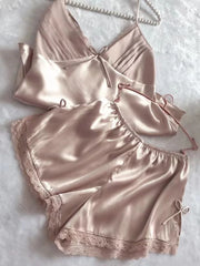 Satin Lace Bow Cami Top And Shorts Pijamas Set