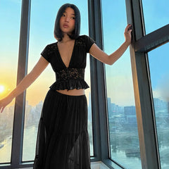 Short Sleeve Mesh Patchwork Crop Top And Maxi Skirt Matching Set