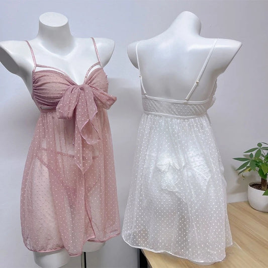 Tie Up Babydoll Mesh Dot Lace Nightdress with Panties Pajama Set