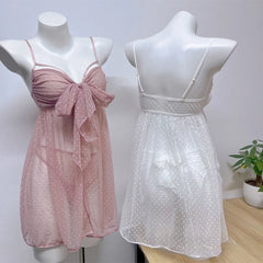 Tie Up Babydoll Mesh Dot Lace Nightdress with Panties Pajama Set