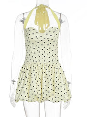 Yellow Polka Dot Halter Tie Neck Bubble Mini Dress