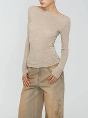 Off Shoulder Long Sleeve Sheer Button Applique Top