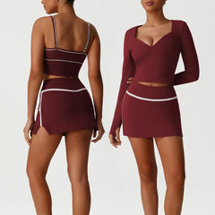 Maroon sports bra and skirt set on a model - front and back view
