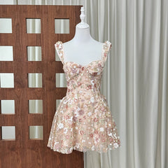 Floral Embroidered Sequin Ruffle Strap Mini Dress