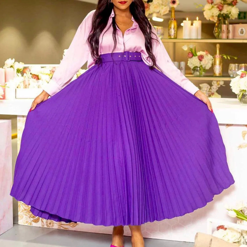 High Waist Pleated Long Skirt With Belt Free From Label