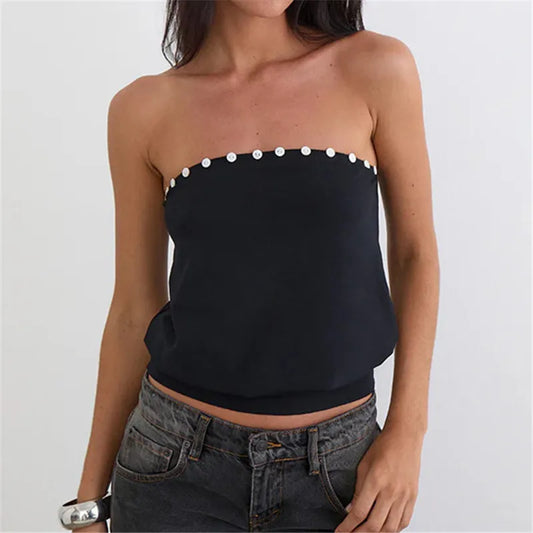 Button Trim Strapless Tube Top