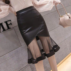 Black Faux Leather Mesh Frill Patchwork Pencil Midi Skirt Free From Label