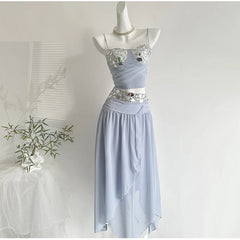 Rhinestone Patchwork Mesh Crop Top And Midi Skirt Set