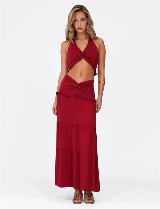 Tie Up Crop Top And Maxi Skirt Set