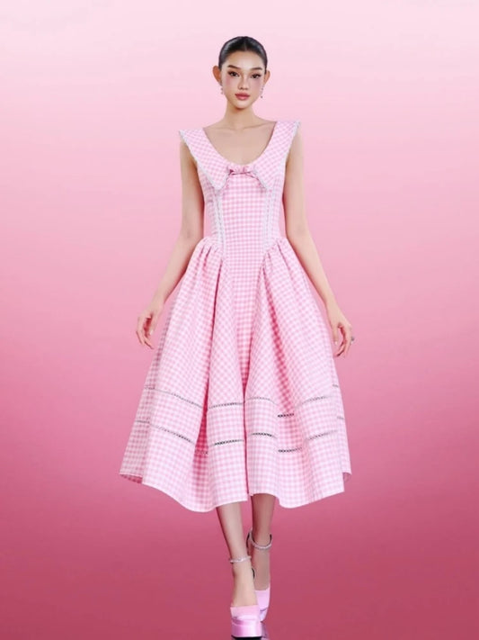 Plaid Collar Back Tie Up Midi Dress