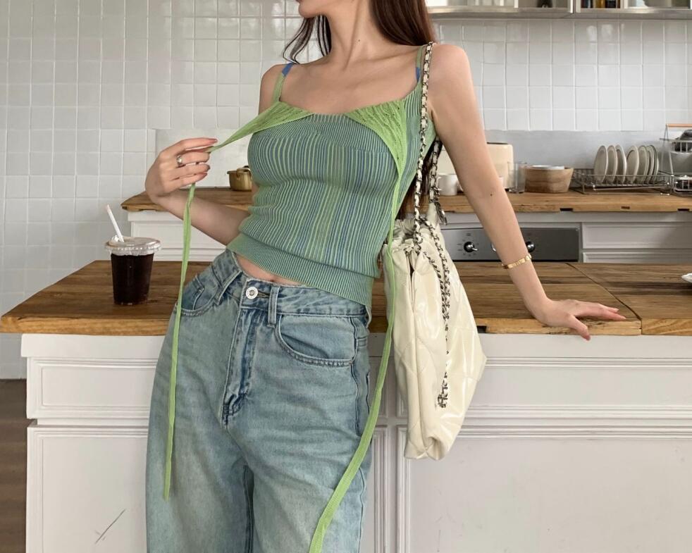 Two Tone Ribbed Halter Double Strap Top