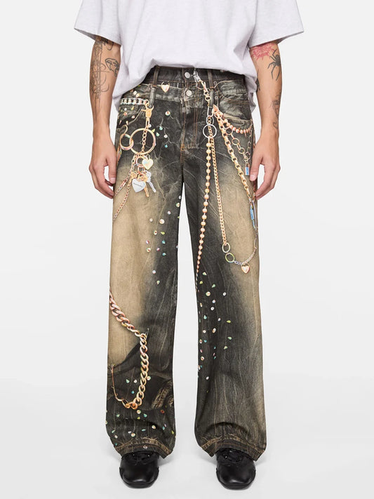 Gradient Wash Rivet Accent Wide Leg Jeans