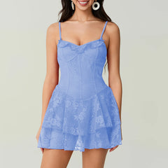 Lace Floral Tiered Ruffle Hem Short Dress