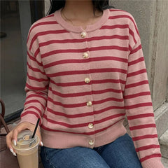 Pink Striped Knit Buttoned Cardigan