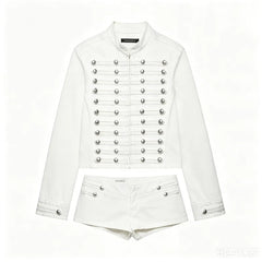 Denim Embroidered Button Jacket And Micro Shorts Set