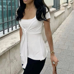Bandage Square Neck Tie Front Short Sleeve Peplum Blouse