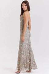 Sequin Embroidered Strap Lace Back Maxi Dress