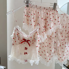 Lace Patchwork Red Ribbon Four Piece Sleepwear Set